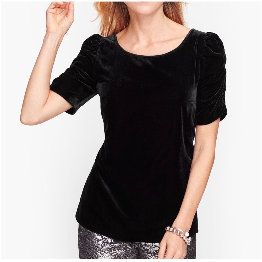 Talbots Black Velvet Puff Sleeve Scoop Neck Top Side Zip Small Holiday